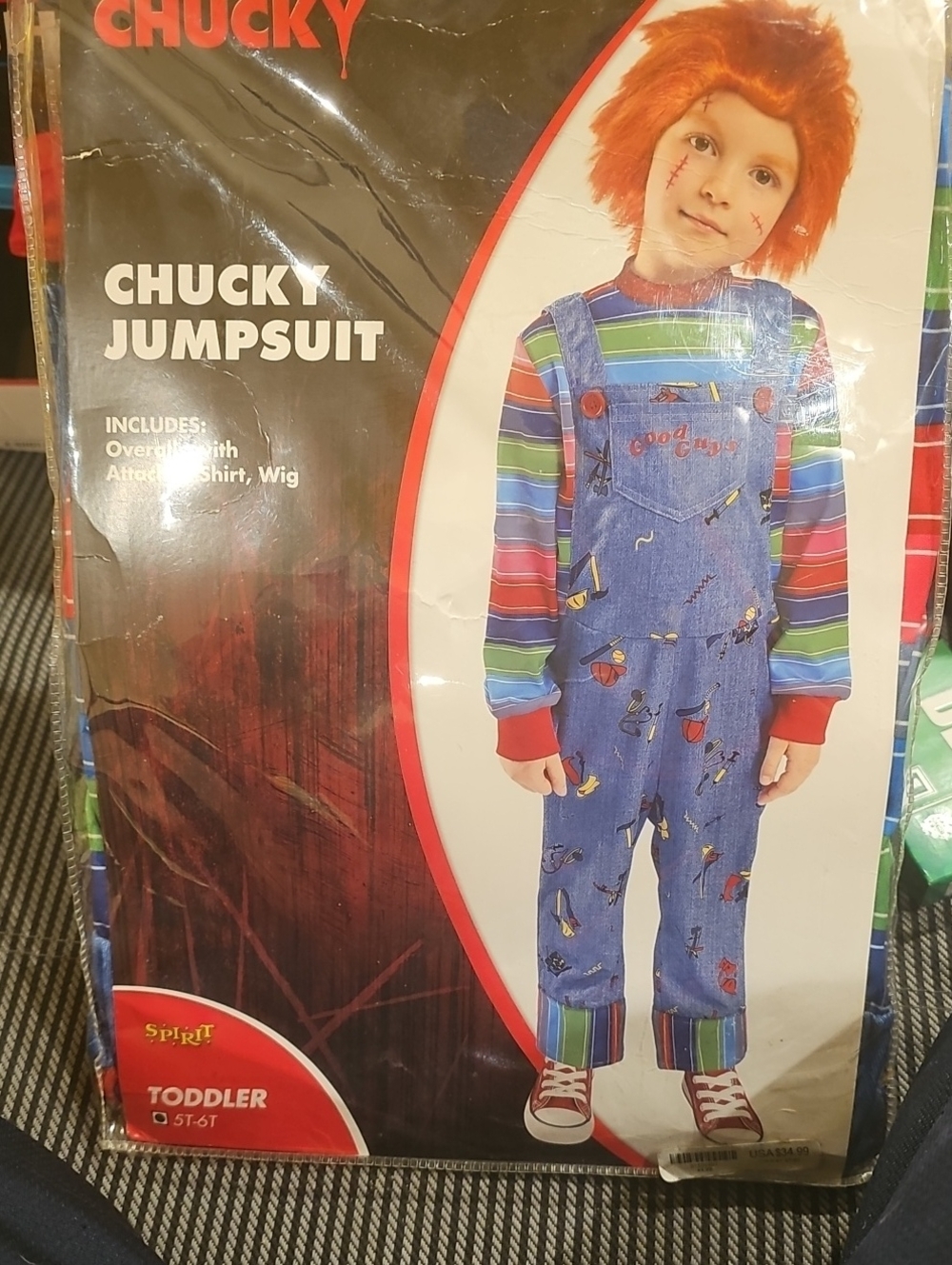 Spirit Chucky Costume in Blue Overalls with Multicolor Striped Shirt and Red Wig